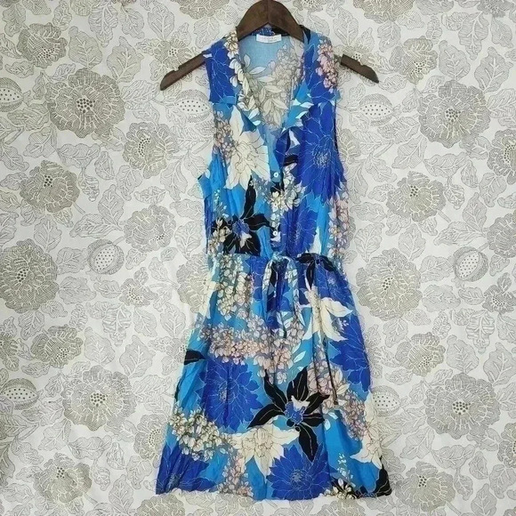 Love Stitch Floral Printed Mini Tank Dress Women's S Tied waist Unlined - Picture 1 of 7